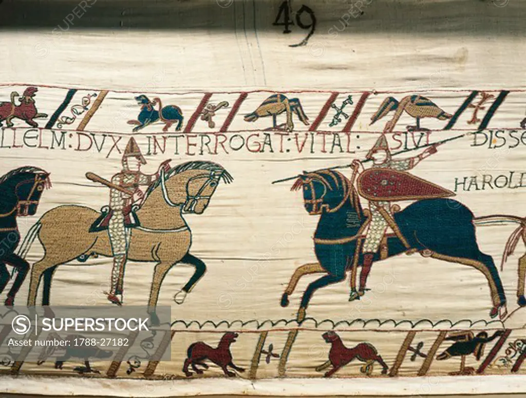 Knight Vital informs William on the approaching of Harold's army, detail of Queen Mathilda's Tapestry or Bayeux Tapestry depicting Norman conquest of England in 1066, France, 11th century.
