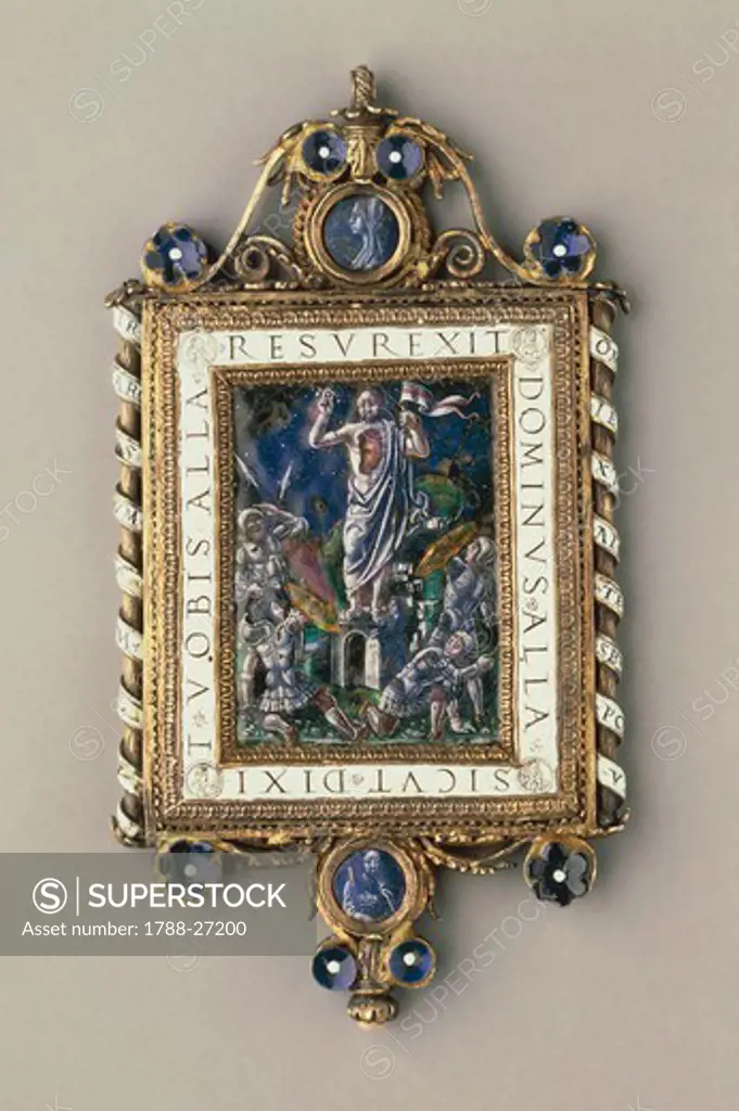 Silversmith's art, Italy, 16th century. Chiselled, enamelled gilded silver pendant plaque set with pearls and mother-of-pearl depicting the Resurrection.