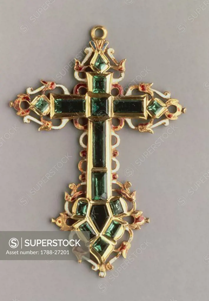 Goldsmith's art, Italy, 17th century. Emeralds and enamelled gold cross.