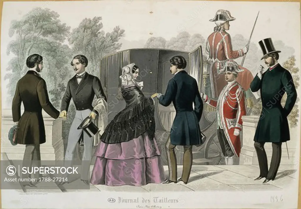Fashion, France 19th century. Scene depicting people leaving by carriage. Print from ""Journal des Tailleurs"", 1856.