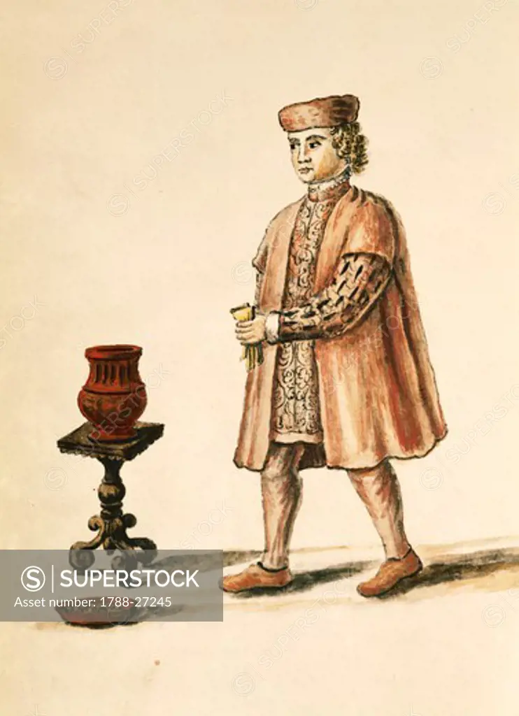 Italy, 18th century. Jan van Grevenbroeck or Giovanni Grevembroch (1731-1807), Gli Abiti de Veneziani, illustrated book of costumes. The Ballottino, young man in charge of extracting the Ballotte (ballots) for the election of the Doge. Watercolor.