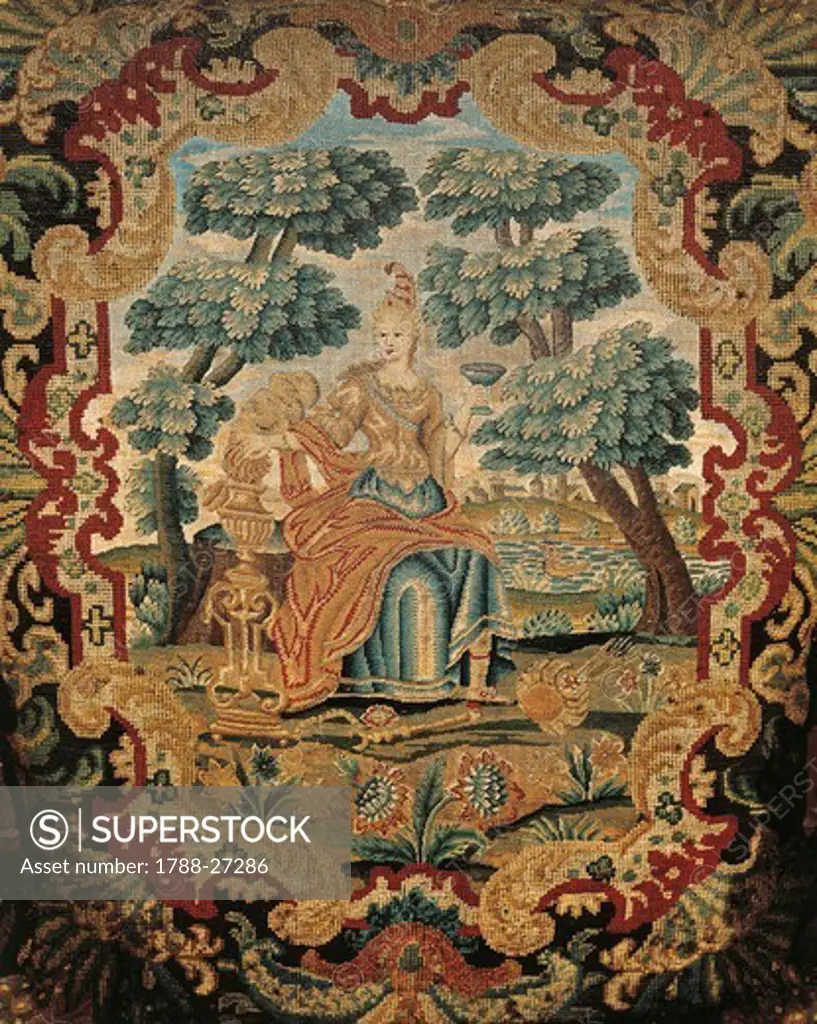 18th century tapestry detail depicting a mythological figure.