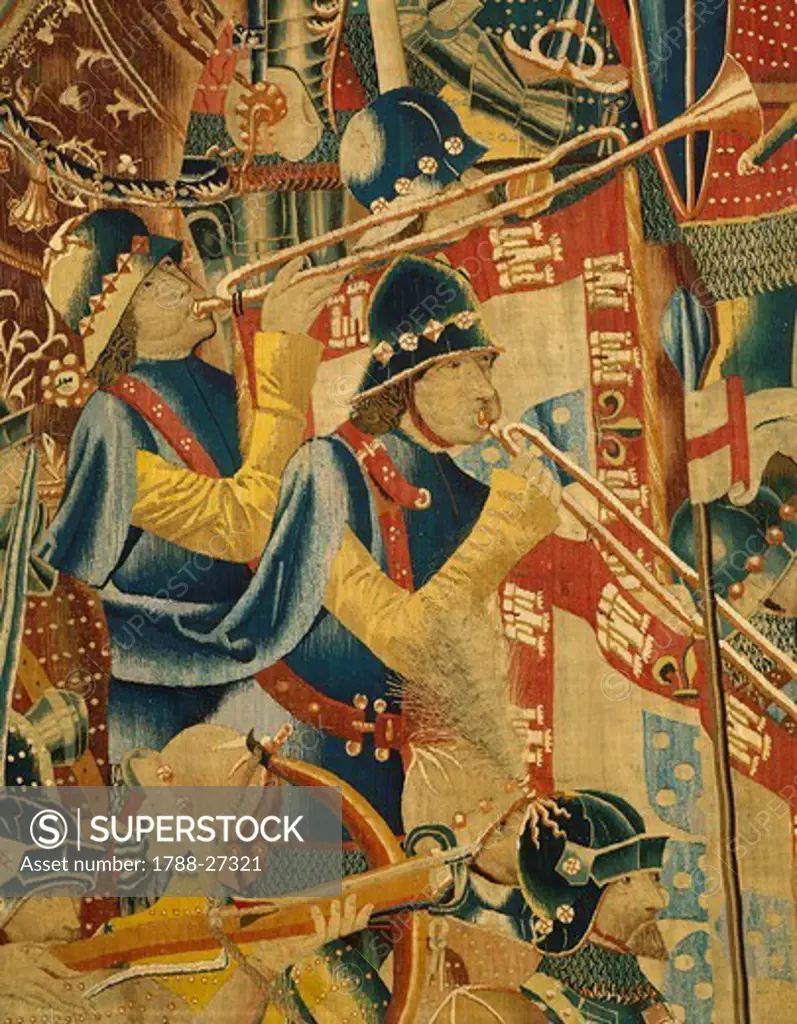 The Portuguese army of Alfonso V during the occupation of Asilah (Morocco), detail of 15th century tapestry kept in the Collegiate Church of Pastrana, Spain.