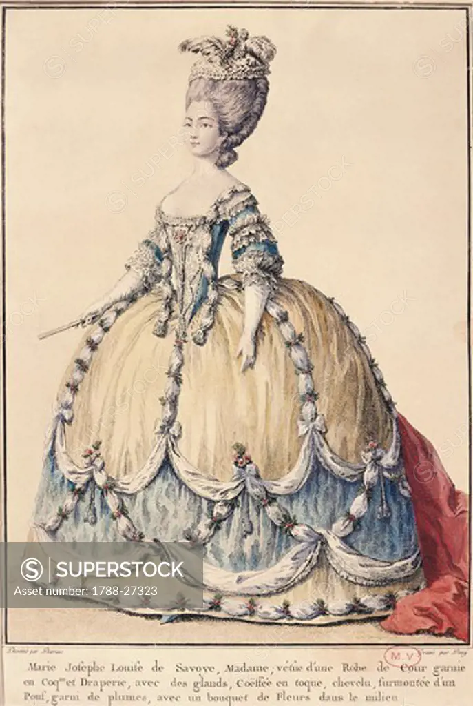 Fashion, France, 18th century - Court dress worn by Marie Josephe Louise of Savoy, Louis XVI period. Engraving.