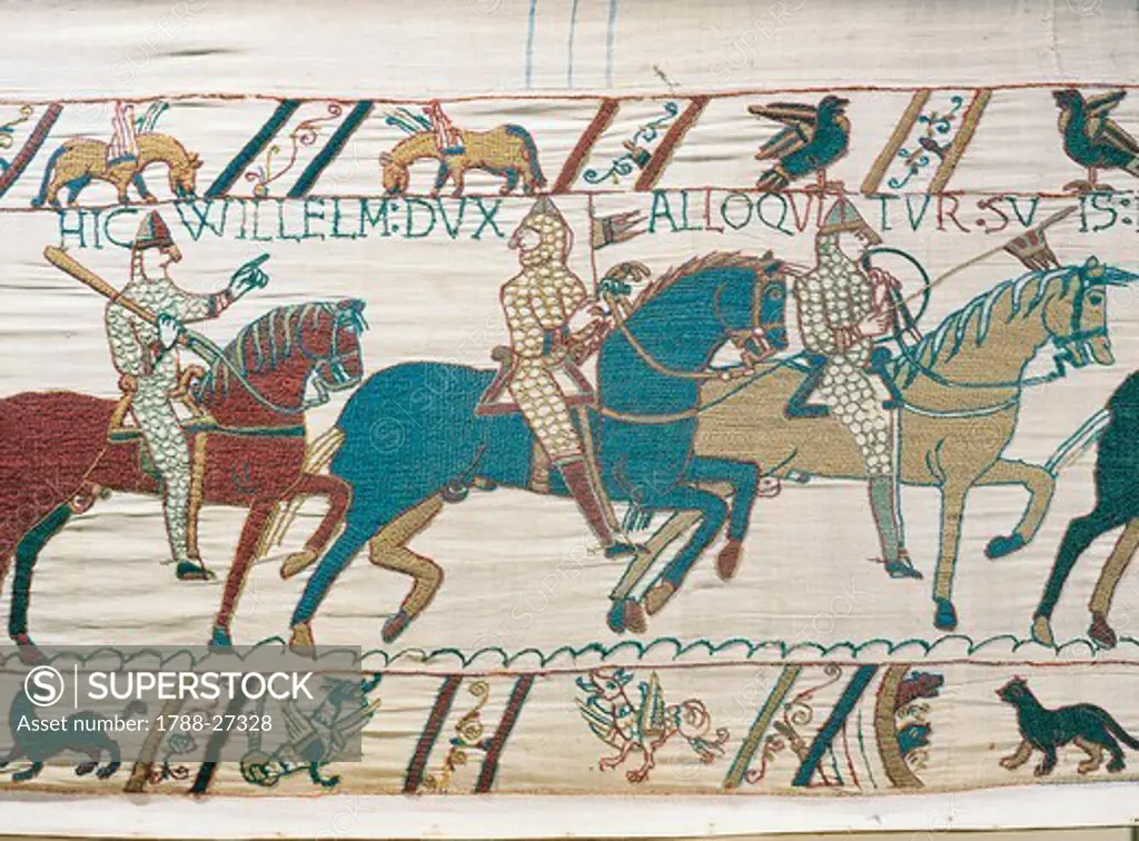 Norman troops of William the Conqueror, detail of Queen Mathilda's Tapestry or Bayeux Tapestry depicting Norman conquest of England in 1066, France 11th century.