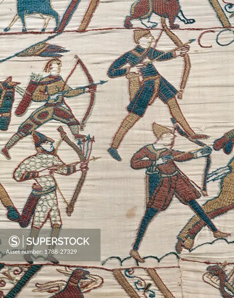 Norman archers lead Duke William's army, detail of Queen Mathilda's Tapestry or Bayeux Tapestry depicting Norman conquest of England in 1066, France, 11th century.