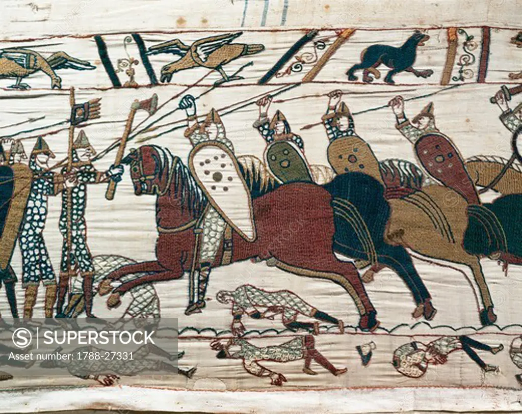 Queen Mathilda's Tapestry or Bayeux Tapestry depicting Norman conquest of England in 1066, detail. France, 11th century.