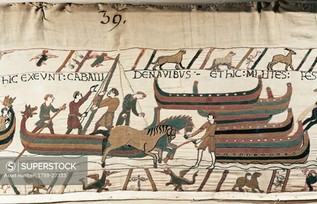 Men let horses get off the ship, detail of Queen Mathilda's Tapestry or Bayeux Tapestry depicting Norman conquest of England in 1066, France, 11th century.
