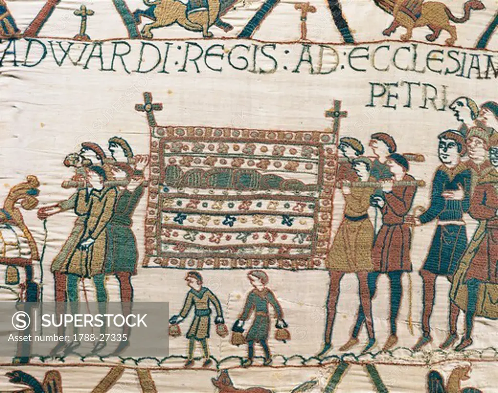 The body of King Edward is carried into Saint Peter's Church, detail of Queen Mathilda's Tapestry or Bayeux Tapestry depicting Norman conquest of England in 1066, France, 11th century.