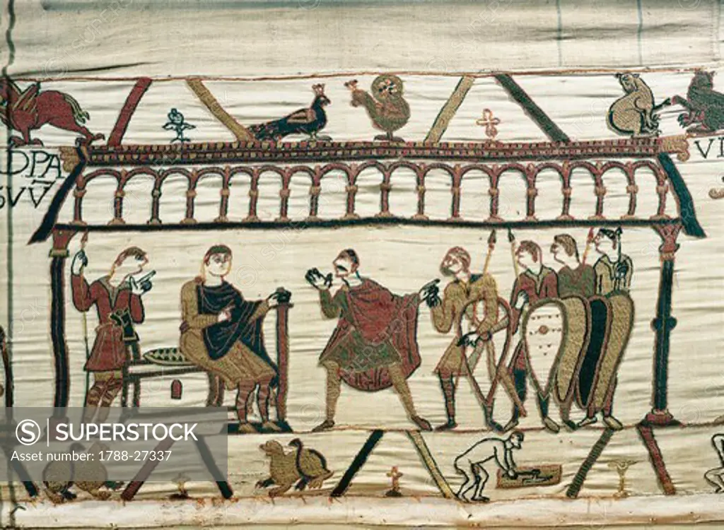 Queen Mathilda's Tapestry or Bayeux Tapestry depicting Norman conquest of England in 1066, detail. France, 11th century.