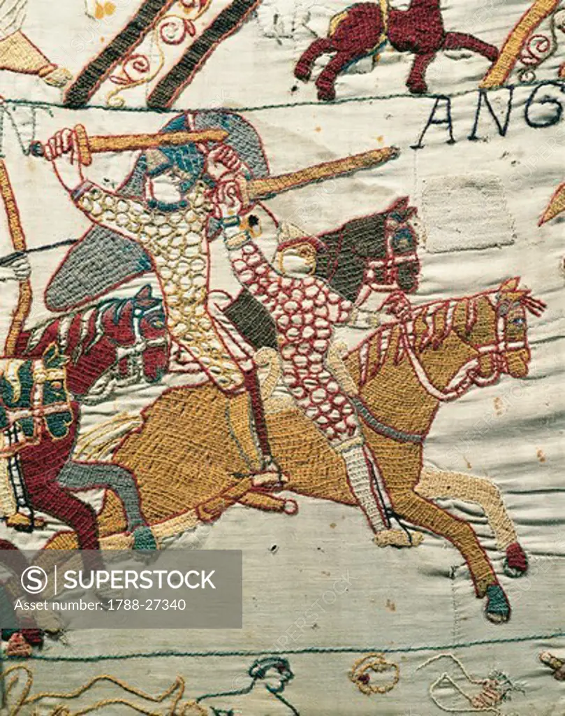Norman knights chase the English, detail of Queen Mathilda's Tapestry or Bayeux Tapestry depicting Norman conquest of England in 1066, France, 11th century.