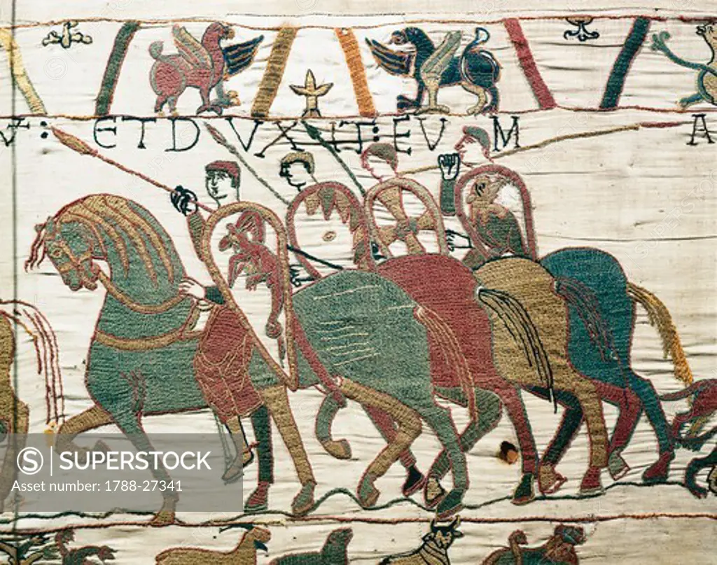 Cavalry, detail of Queen Mathilda's Tapestry or Bayeux Tapestry depicting Norman conquest of England in 1066, France, 11th century.