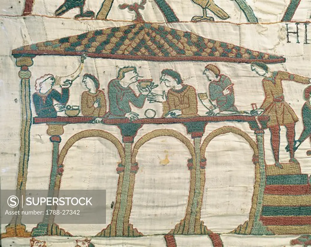 Norman fleet sets sail for England; repast prior to departure, detail of Queen Mathilda's Tapestry or Bayeux Tapestry depicting Norman conquest of England in 1066, France, 11th century.