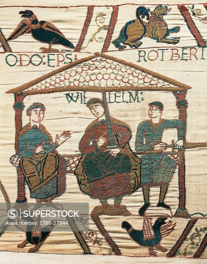 William, Duke of Normandy, between half-brothers Odo, bishop of Bayeux and Robert of Mortain, detail of Queen Mathilda's Tapestry or Bayeux Tapestry depicting Norman conquest of England in 1066, France, 11th century.