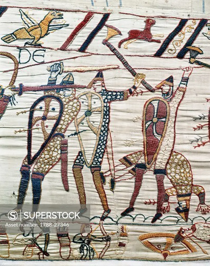 Soldiers fighting, detail of Queen Mathilda's Tapestry or Bayeux Tapestry depicting Norman conquest of England in 1066, France, 11th century.