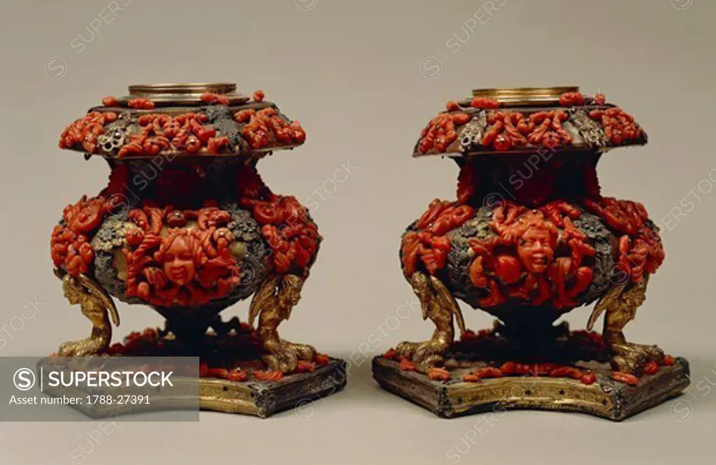Goldsmith's art, Italy, 17th century. Gilded copper, coral and silver inkpots. Trapani (Sicily) manufacture, late 1600.