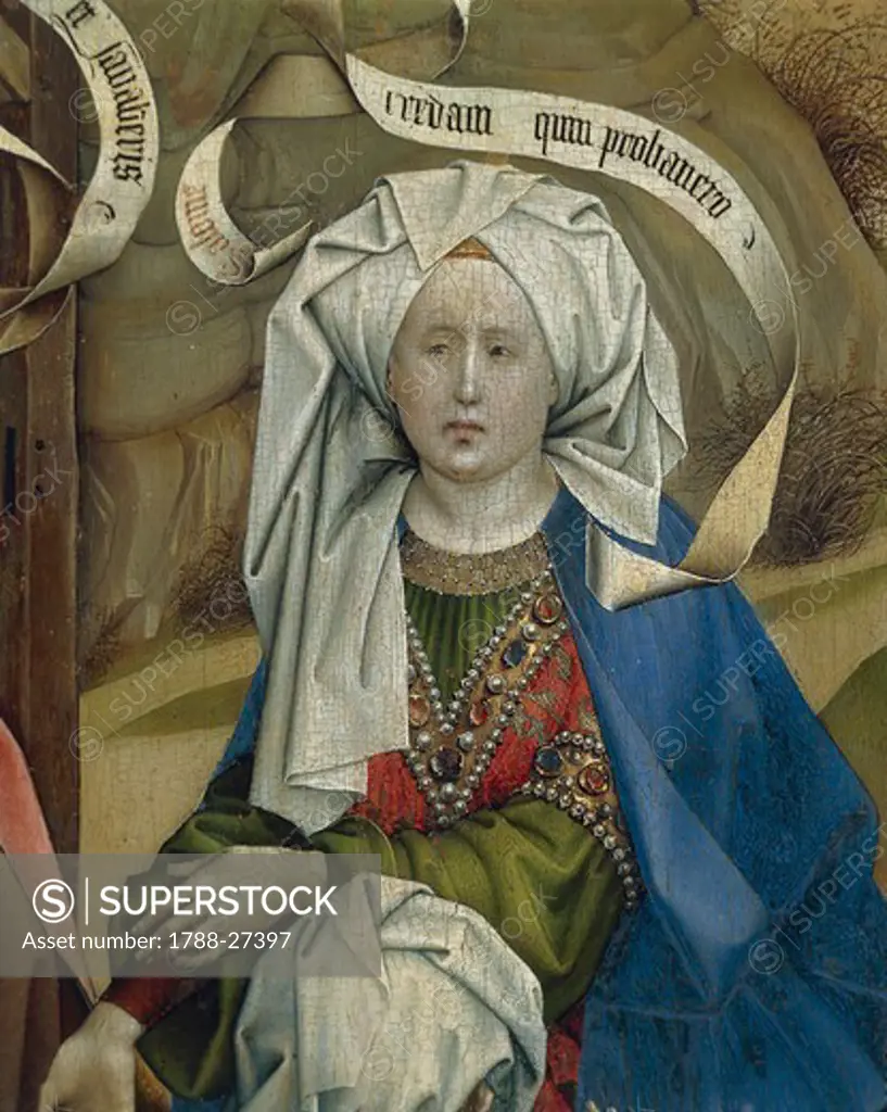 Master of Flemalle Robert Campin (1375/1379-1444) Nativity, 1420 ca., oil on panel, 87x70 cm. Detail: woman.