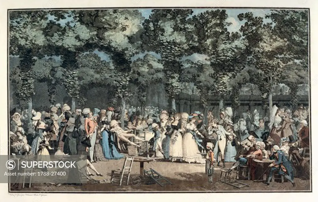 France, 18th century. The promenade, 1792. Engraving with watercolor wash.