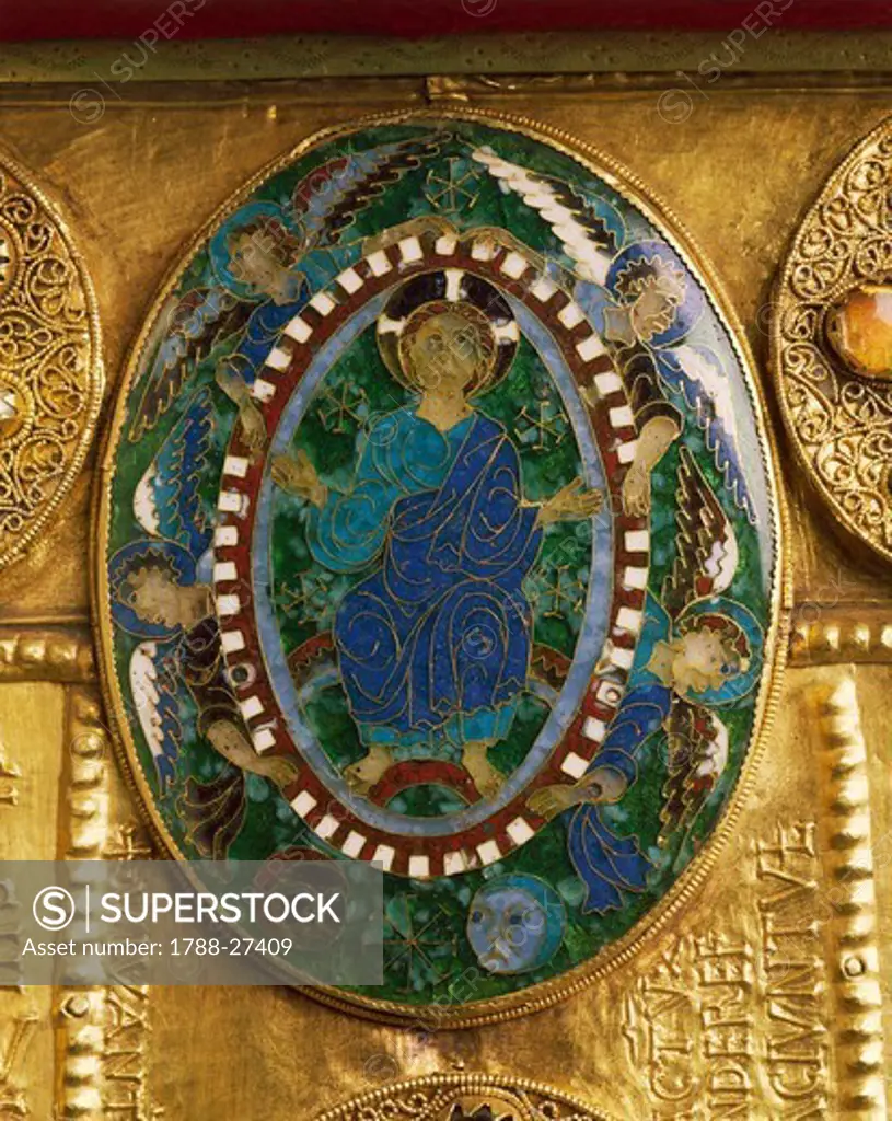 Goldsmith's art, Italy, 11th-12th century. Peace of Chiavenna (Pace di Chiavenna) cover of a Gospel Book or liturgical object (osculum pacis) in embossed gold, gems and enamel miniatures. Detail: Christ Pantocrator.