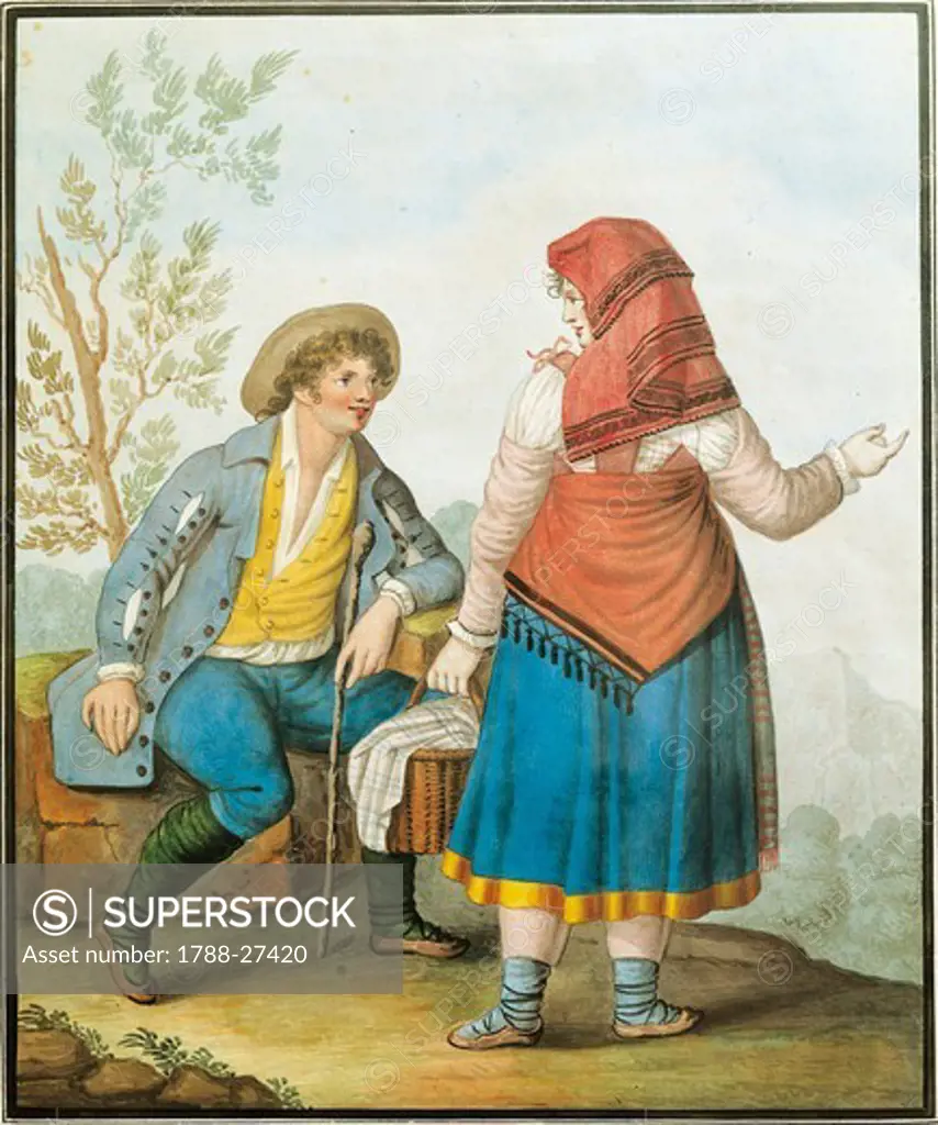 Italy, 19th century. Men's and women's fashion plate depicting typical costumes of Collelongo in Abruzzo Region.