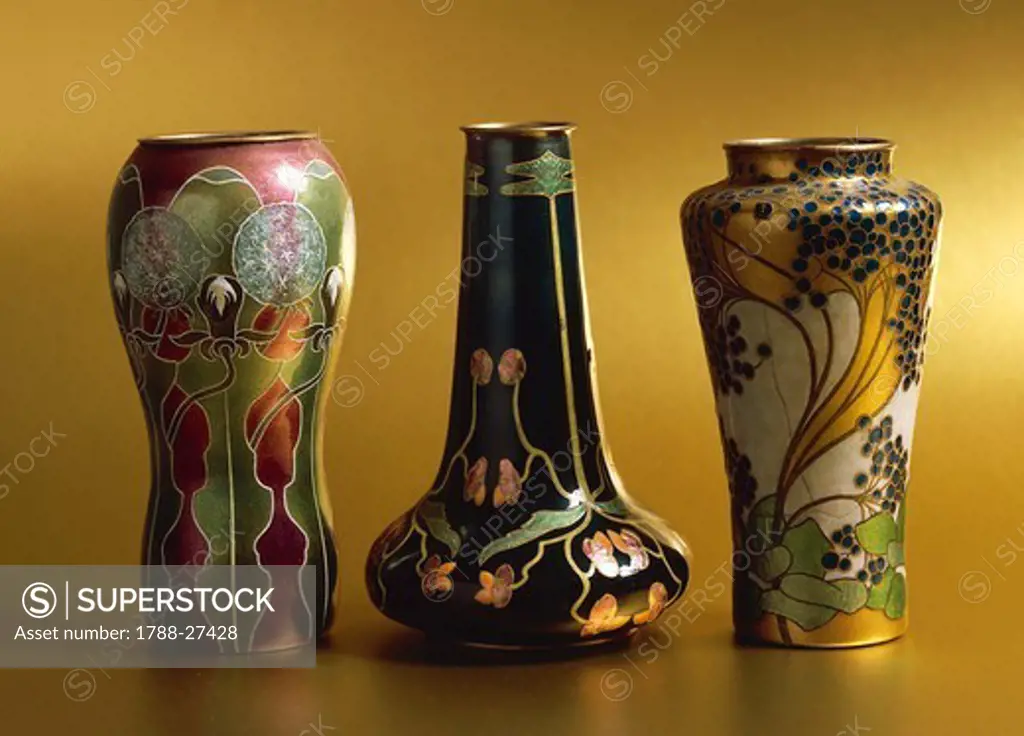 Goldsmith's art, 20th century. Enamelled metal vases by J.Pflugmacher, 1900-1901; at sides, vases by Else Unger; in the center, vase by Jutte Sika.