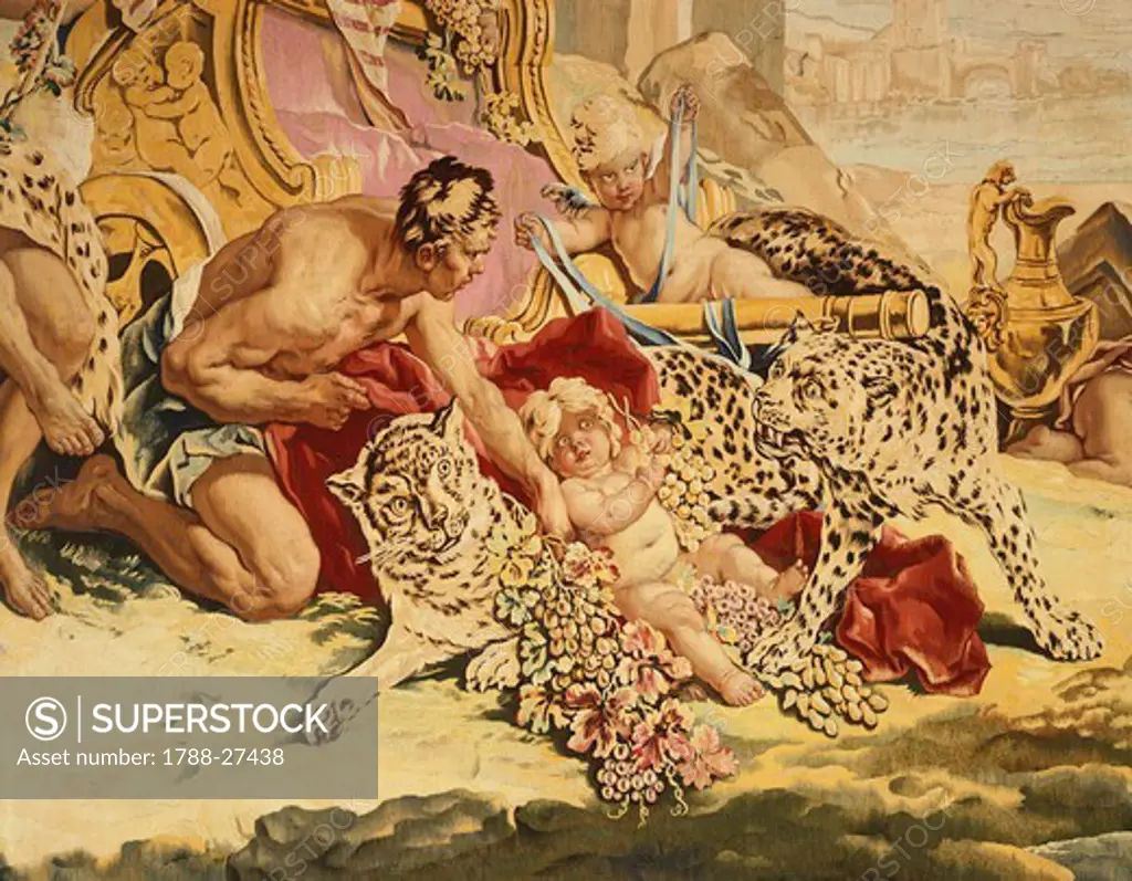 Bacchus and Ariadne, 18th century tapestry based on designs by Francois Boucher, manufacture of Beauvais, from the series The Love of the Gods, 1752.