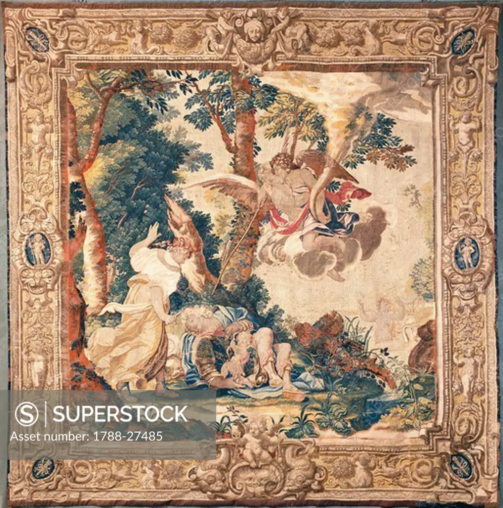 Jerusalem Delivered: Rinaldo and Armida, 17th century tapestry, based on a cartoon by Simon Vouet, manufacture of Paris. Located in the Castle Azay-le-Rideau, France.