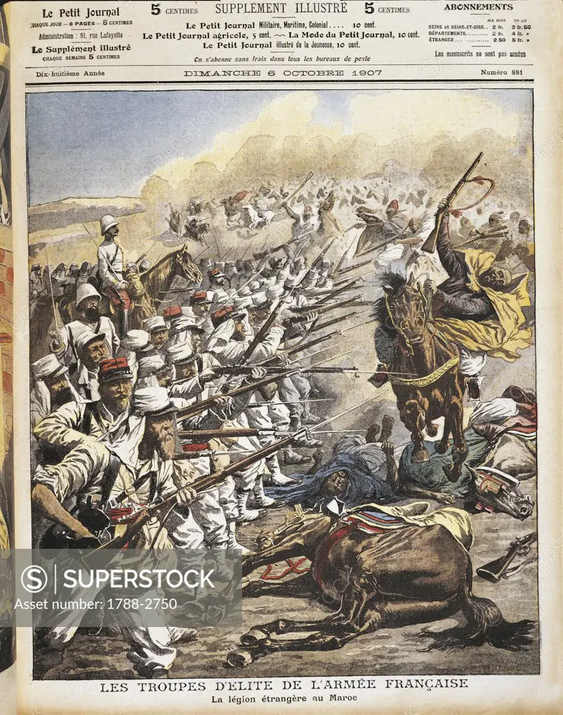 Morocco - 20th century - Colonial Wars. General Lyautey drives back Moroccan rebel offensive, October 1907. Engraving from French illustrated magazine Le Petit Journal