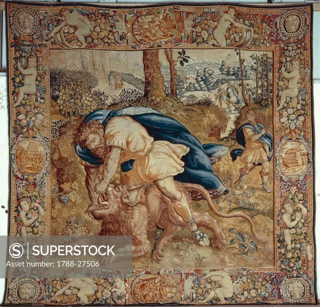 Samson and the Lion, 17th century tapestry by Jan Raes, manufacture of Brussels, from the series Stories of the Old Testament, ca 1630.