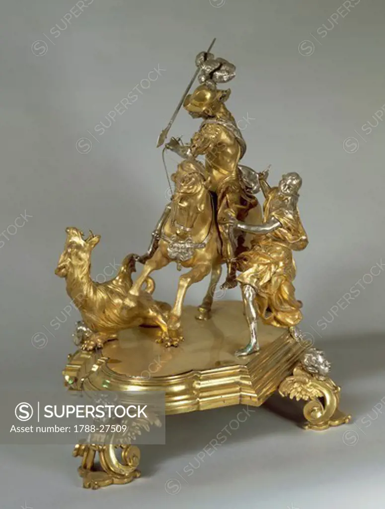 Silversmith's art, Italy, 17th century. Silver and gilded bronze Saint George and the Princess, late 1600, attributed to Lorenzo Vaccaro (1655-1706).