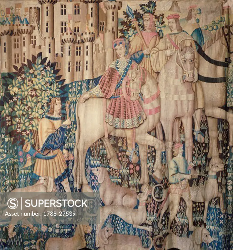 Deer hunting: the offering of the foot to the guest of honour, 15th century Flemish tapestry kept in the Langeais Castle, France.