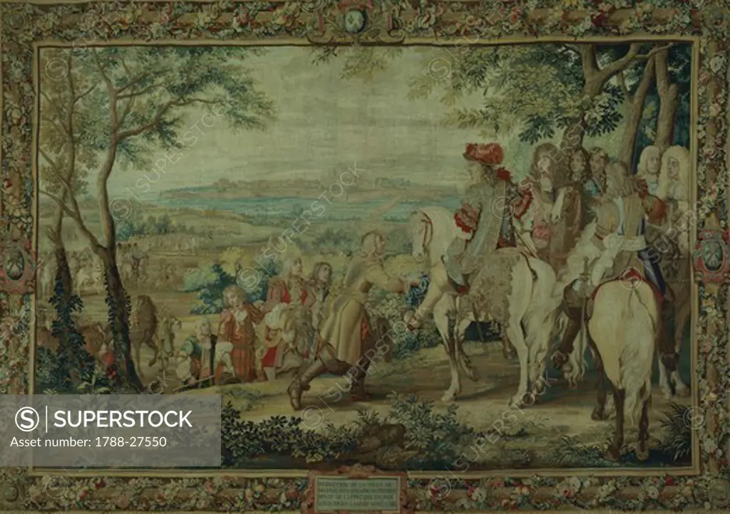 City of Mousal in Lorrain gives itself up to Louis XIV, September 1, 1663, 17th century French tapestry by Jean Mozin's workshop, manufacture of Gobelins, 1665-80, from the series Story of the King.