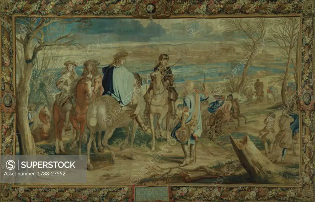 Louis XIV's taking of Dole, Franche Comte', February 16, 1668, 17th century French tapestry by Jean Mozin's workshop, manufacture of Gobelins, 1672-76, from the series Story of the King.