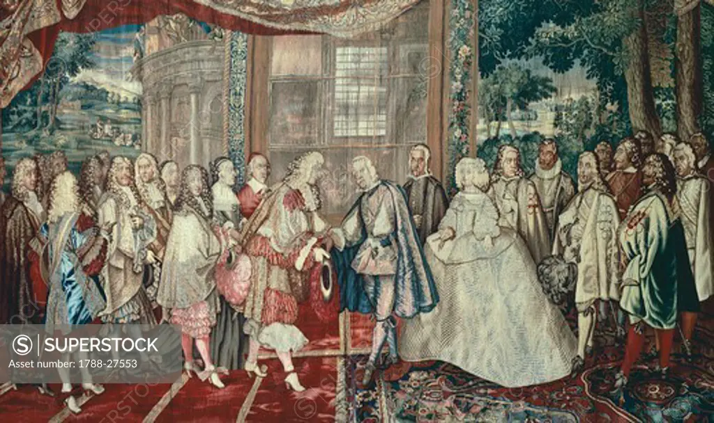 Meeting of Philip IV of Spain and Louis XIV of France at Pheasant Island, June 6, 1660, 17th century French tapestry by Jean Mozin's workshop, manufacture of Gobelins, 1665-80, from the series Story of the King.