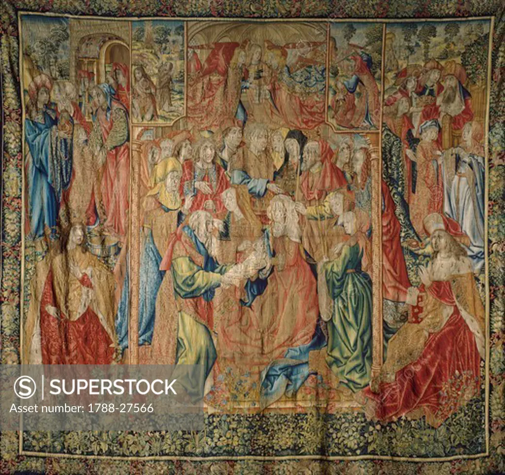 The Presentation of Jesus at the Temple, 16th century Spanish tapestry from the series Stories of the Life of Jesus Christ.