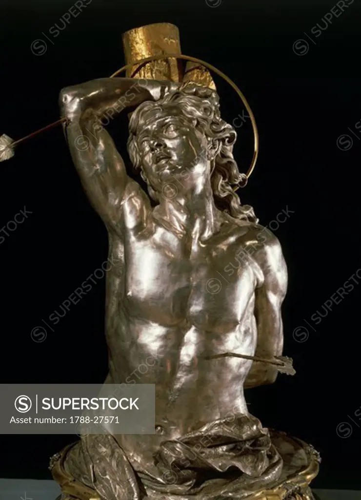 Silversmith's art, Italy, 18th century. Paolo de Matteis (1662-1728) and Gaetano Starace, Bust of Saint Sebastian in embossed silver and gilded copper, 1727. Height 130 cm.