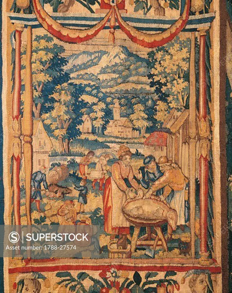 Pig slaughtering, 16th century Flemish tapestry, manufacture of Brussels.