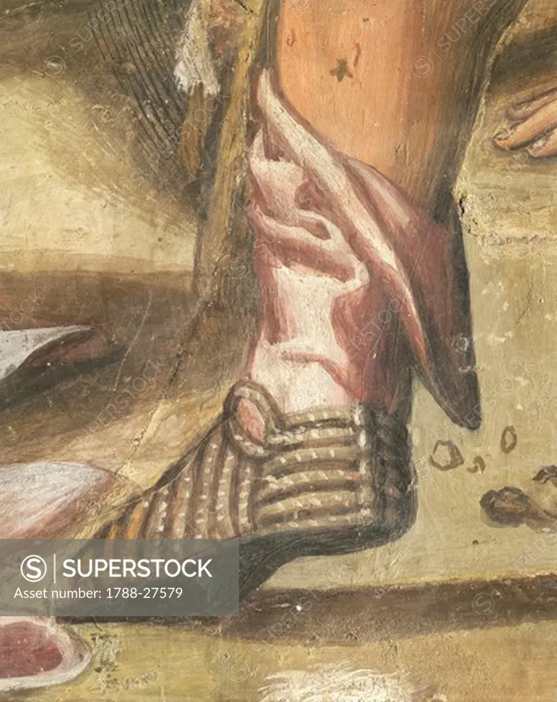 Italy - Tuscany Region - Siena. Basilica of Saint Domenico. Saint Catherine Chapel. Giovanni Antonio Bazzi known as Sodoma (1477-1549). Fresco depicting the Execution of Nicholas Tuldo (Niccolo' di Tuldo), detail of footwear.