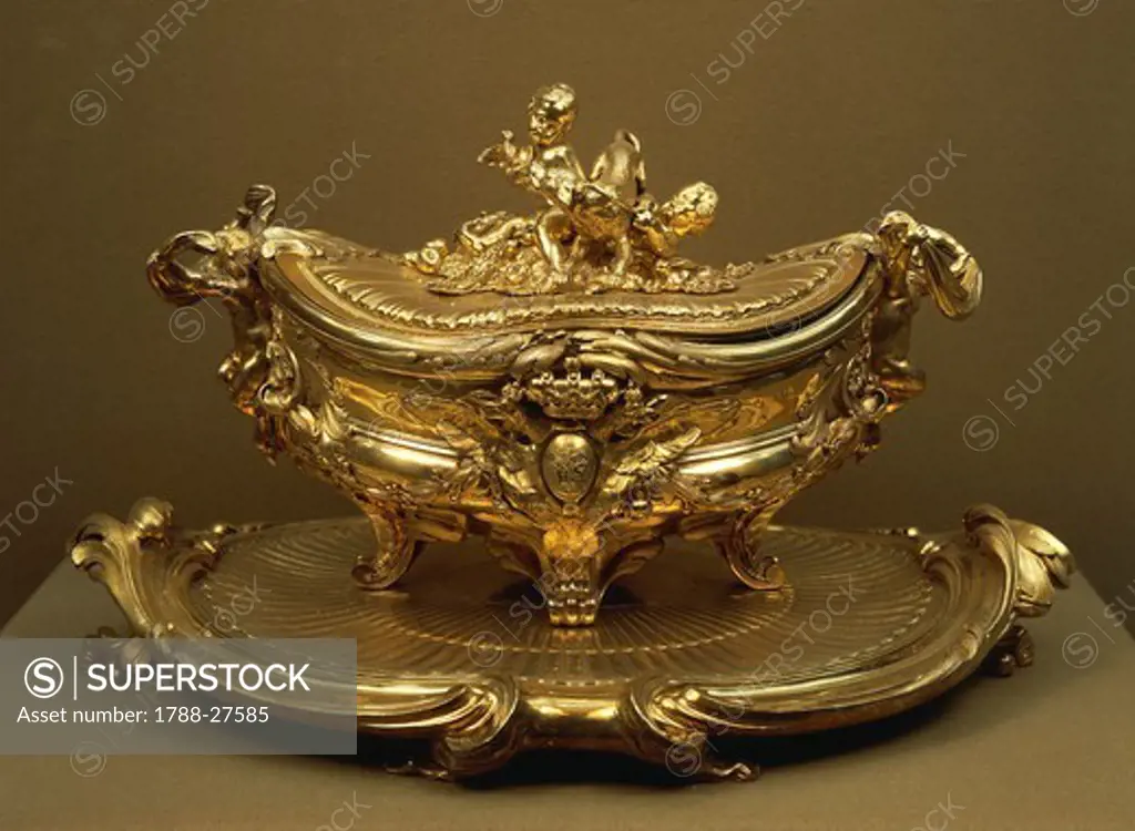 Silversmith's Art, France 19th century.  Gilded silver tureen and tray.