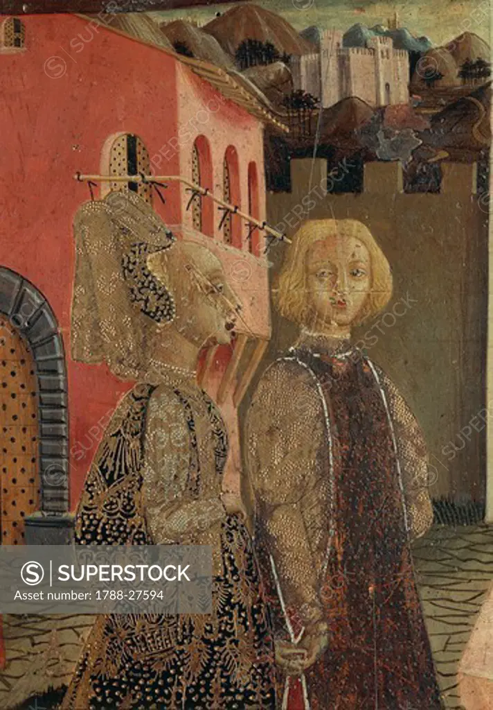 Master of Cassone Adimari, possibly Giovanni di Ser Giovanni, called lo Scheggia (1406-1486), Cassone Adimari, 1440-1450, tempera on panel, 88.5x303 cm. Detail depicting a couple.