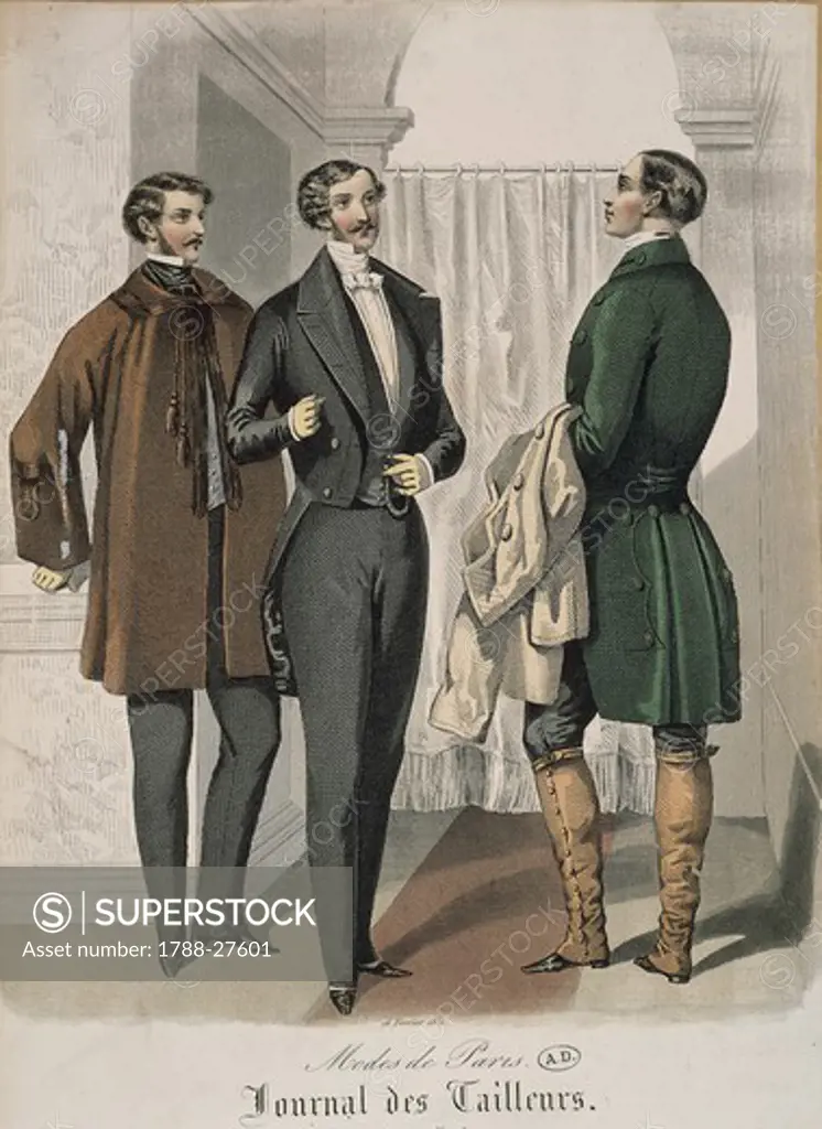 Fashion, France, 19th century. Men's fashion plate depicting valete and coachman. From Journal des Tailleurs.