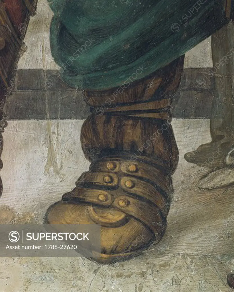 Italy - Tuscany Region - Florence - Church of Santa Maria Novella. Chapel of Filippo Strozzi. Filippino Lippi (1457-1504). Saint Philip Driving the Dragon from the Temple of Hieropolis, detail of footwear. Fresco completed in 1502.