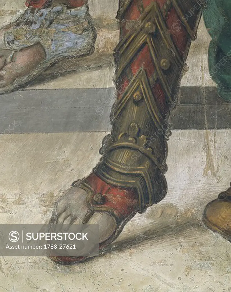 Italy - Tuscany Region - Florence - Church of Santa Maria Novella. Chapel of Filippo Strozzi. Filippino Lippi (1457-1504). Saint Philip Driving the Dragon from the Temple of Hieropolis, detail of footwear. Fresco completed in 1502.