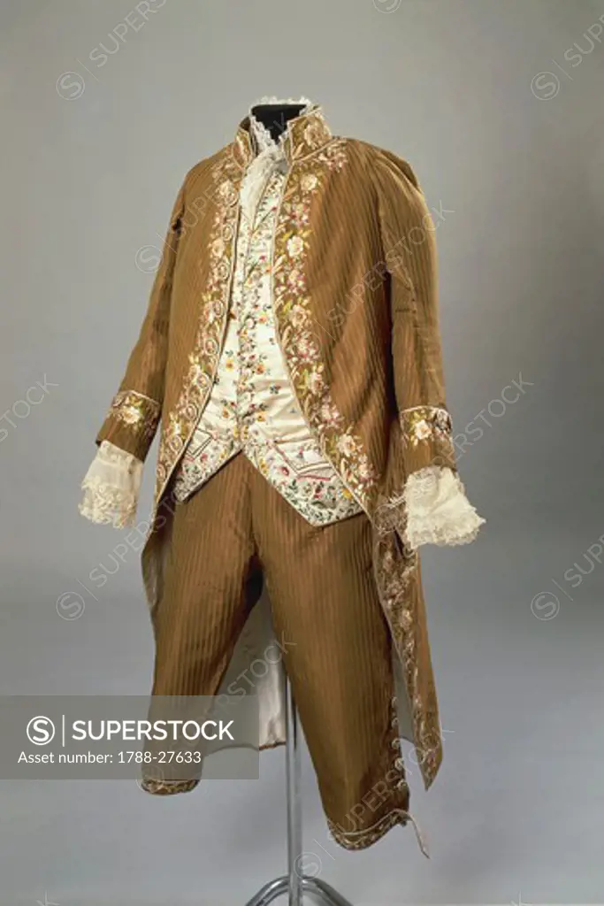 Fashion, Italy, 18th century. Embroidered silk men's suit with stripes. Italian manufacture, from Emilia Romagna or Lombardy Region, 1770-1780.