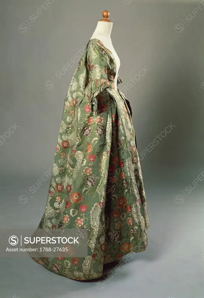 Fashion, Italy, 18th century. Women's dress in brocade lampas fabric, aqua green gros de Tours ground, with white, green, pink, golden yellow and brown brocades. Venice manufacture.