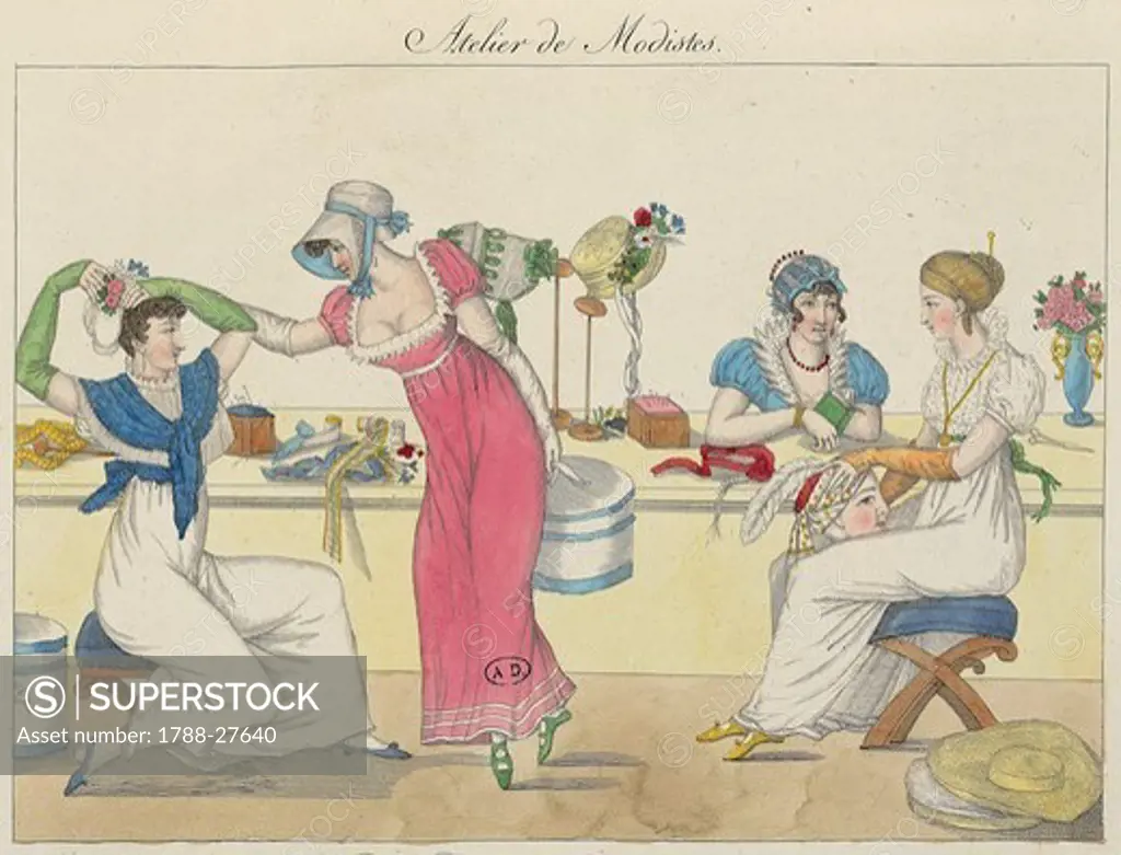 France, 19th century. An atelier of a milliner. Engraving from Le Bon Genre.
