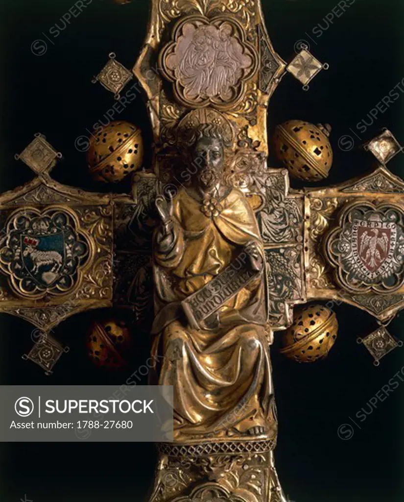 Silversmith's art, Italy, 15th century. Nicola Gallucci da Guardiagrele (1385-1462), processional cross of Saint Maximus, 1434, in silver, enamel and copper. Height 90 cm. Back side. Detail: Blessing Christ.