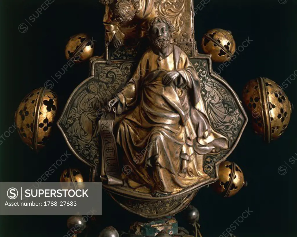 Silversmith's art, Italy, 15th century. Nicola Gallucci da Guardiagrele (1385-1462), processional cross of Saint Maximus, 1434, in silver, enamel and copper. Height 90 cm. Back side. Detail: Saint Matthew the Evangelist.
