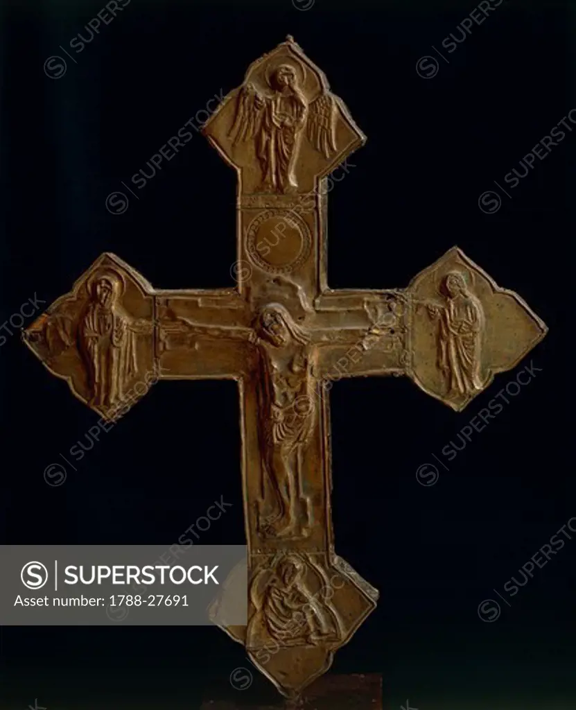 Goldsmith's art, Italy, 13th century. Processional cross in embossed brass leaf, made in Abruzzo Region.