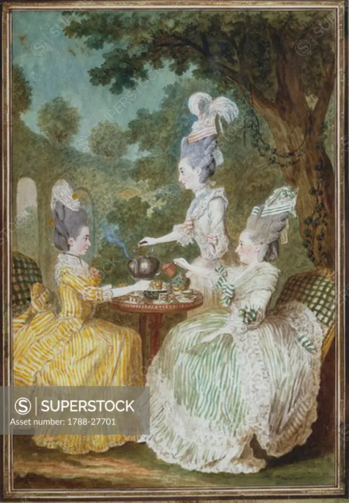 Louis Carrogis called Carmontelle (1717-1806), the Marquise de Motesson, the Marquise de Crest and the Countess of Damas, while having tea in the garden, 1773, watercolor.